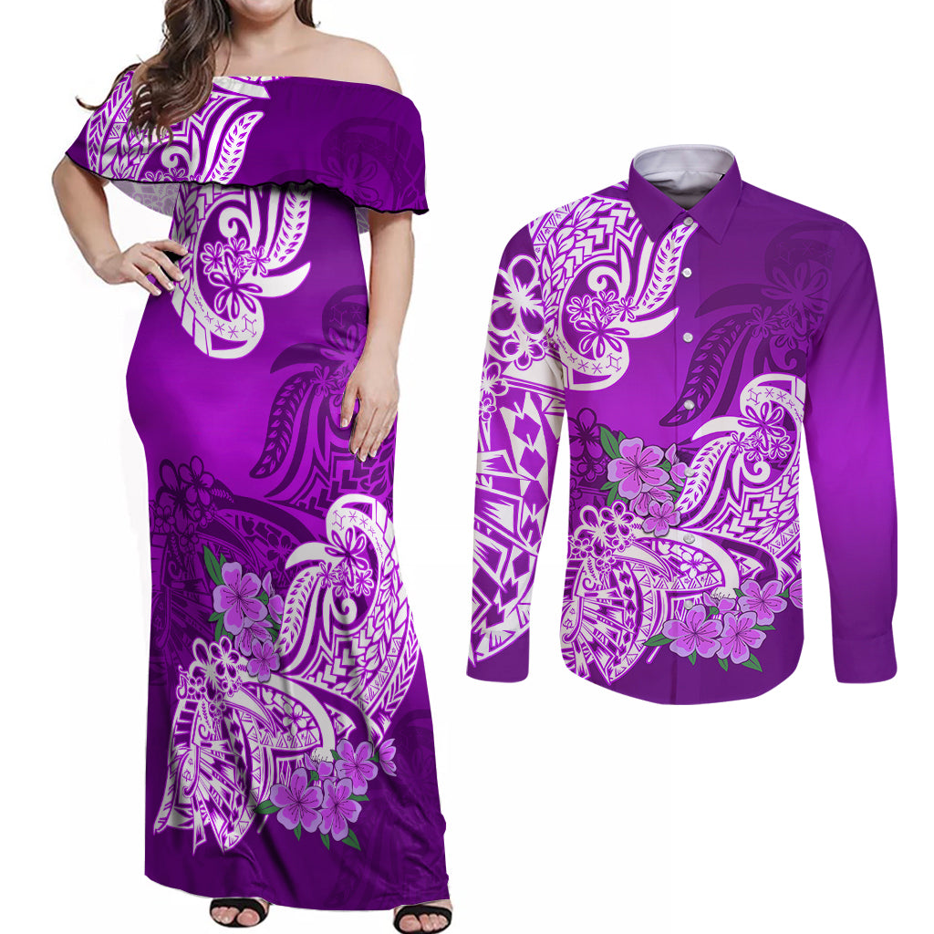 Polynesian Couples Matching Off Shoulder Maxi Dress and Long Sleeve Button Shirts Pacific Flower Mix Floral Tribal Tattoo Purple Vibe LT9 - Wonder Print Shop