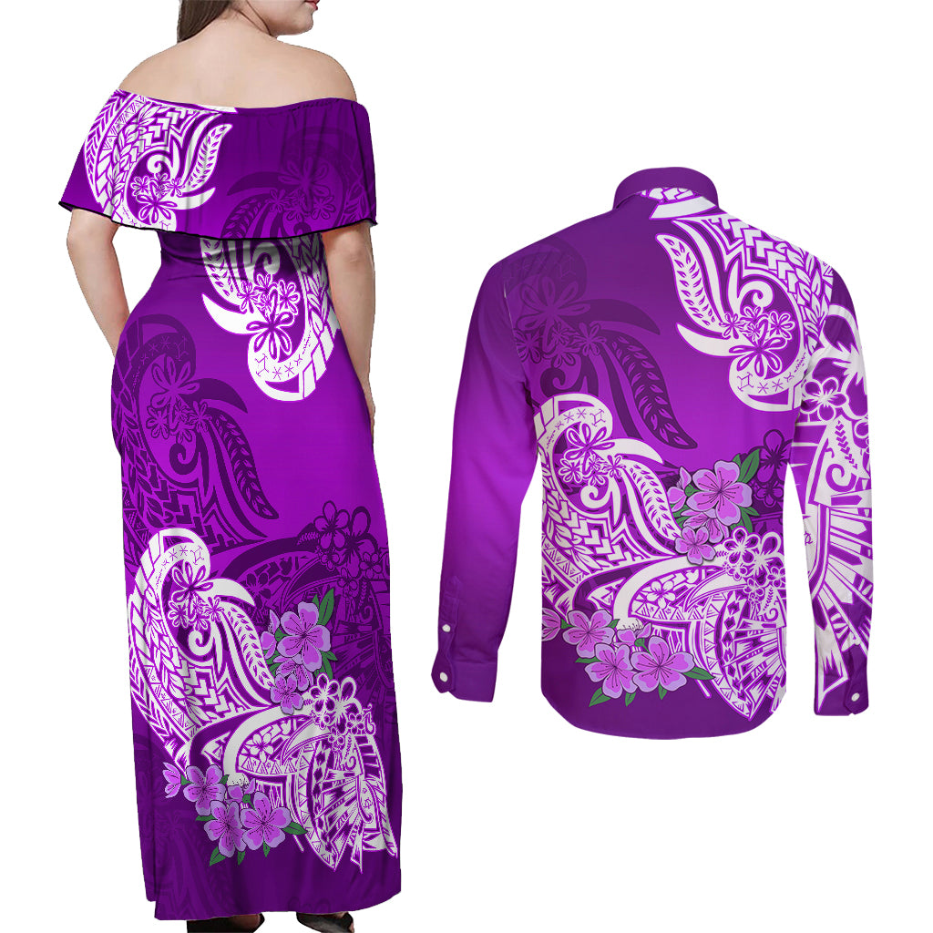 Polynesian Couples Matching Off Shoulder Maxi Dress and Long Sleeve Button Shirts Pacific Flower Mix Floral Tribal Tattoo Purple Vibe LT9 - Wonder Print Shop