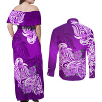 Polynesian Couples Matching Off Shoulder Maxi Dress and Long Sleeve Button Shirts Pacific Flower Mix Floral Tribal Tattoo Purple Vibe LT9 - Wonder Print Shop