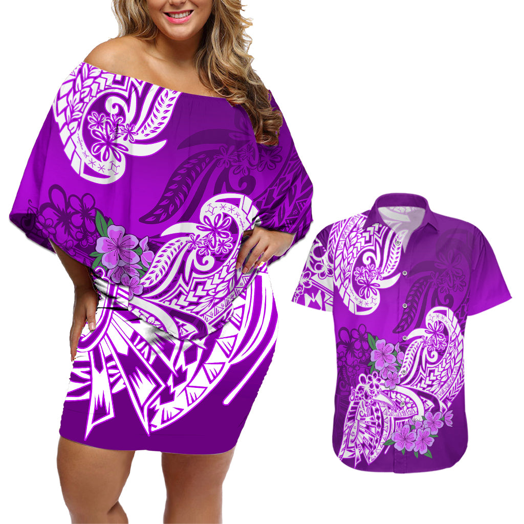 Polynesian Couples Matching Off Shoulder Short Dress and Hawaiian Shirt Pacific Flower Mix Floral Tribal Tattoo Purple Vibe LT9 - Wonder Print Shop