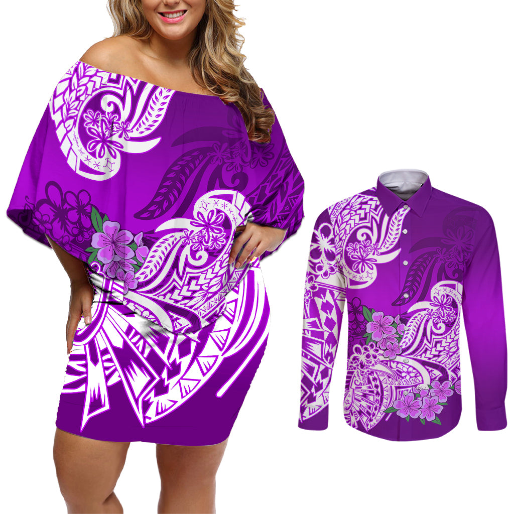 Polynesian Couples Matching Off Shoulder Short Dress and Long Sleeve Button Shirts Pacific Flower Mix Floral Tribal Tattoo Purple Vibe LT9 - Wonder Print Shop