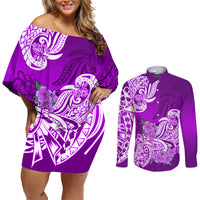 Polynesian Couples Matching Off Shoulder Short Dress and Long Sleeve Button Shirts Pacific Flower Mix Floral Tribal Tattoo Purple Vibe LT9 - Wonder Print Shop