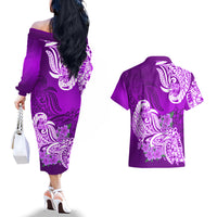 Polynesian Couples Matching Off The Shoulder Long Sleeve Dress and Hawaiian Shirt Pacific Flower Mix Floral Tribal Tattoo Purple Vibe LT9 - Wonder Print Shop
