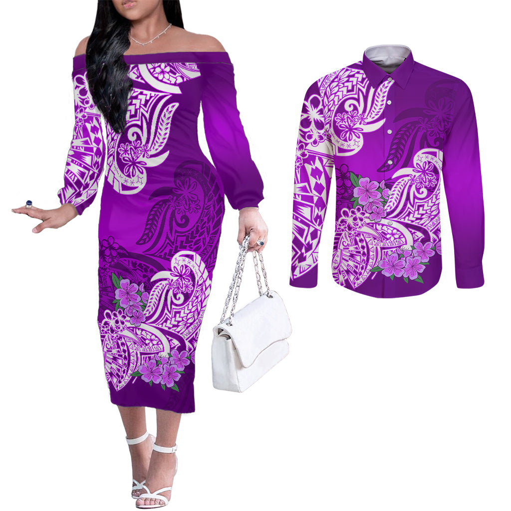 polynesian-couples-matching-off-the-shoulder-long-sleeve-dress-and-long-sleeve-button-shirts-pacific-flower-mix-floral-tribal-tattoo-purple-vibe