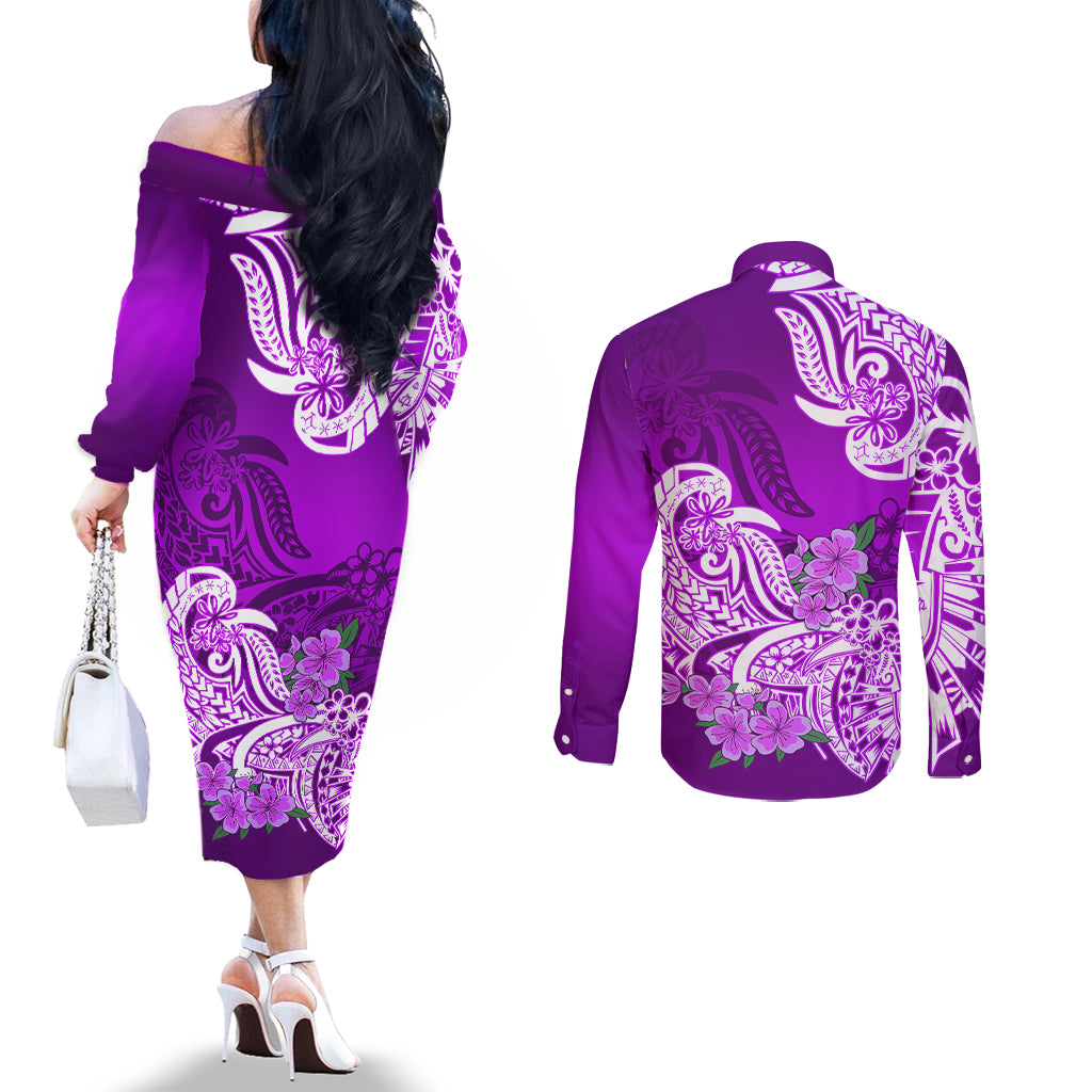 polynesian-couples-matching-off-the-shoulder-long-sleeve-dress-and-long-sleeve-button-shirts-pacific-flower-mix-floral-tribal-tattoo-purple-vibe