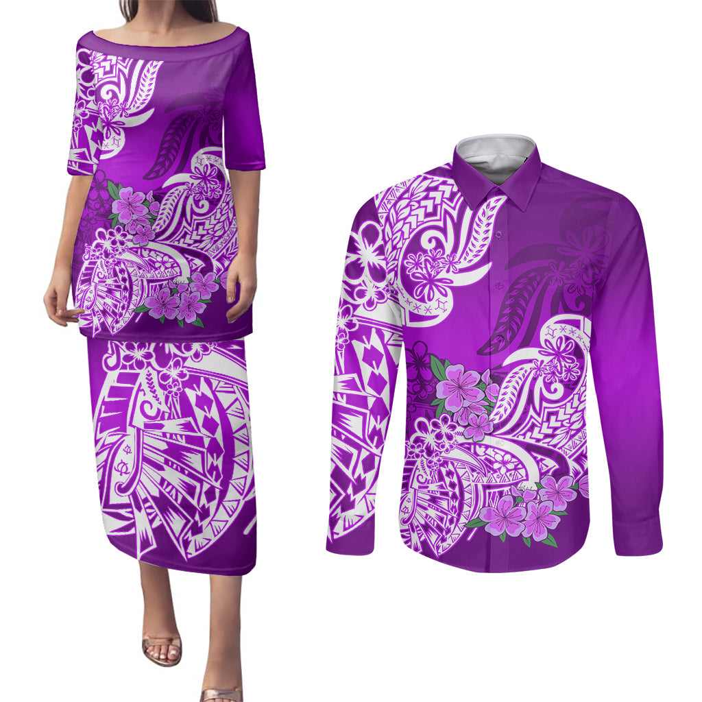 Polynesian Couples Matching Puletasi Dress and Long Sleeve Button Shirts Pacific Flower Mix Floral Tribal Tattoo Purple Vibe LT9 - Wonder Print Shop