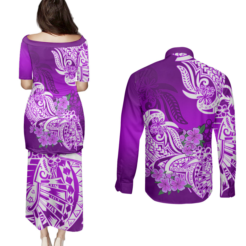 Polynesian Couples Matching Puletasi Dress and Long Sleeve Button Shirts Pacific Flower Mix Floral Tribal Tattoo Purple Vibe LT9 - Wonder Print Shop