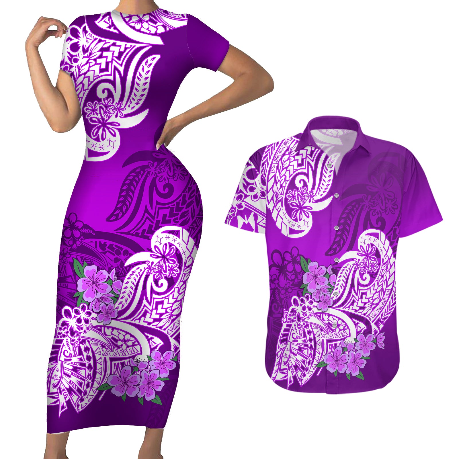 Polynesian Couples Matching Short Sleeve Bodycon Dress and Hawaiian Shirt Pacific Flower Mix Floral Tribal Tattoo Purple Vibe LT9 - Wonder Print Shop