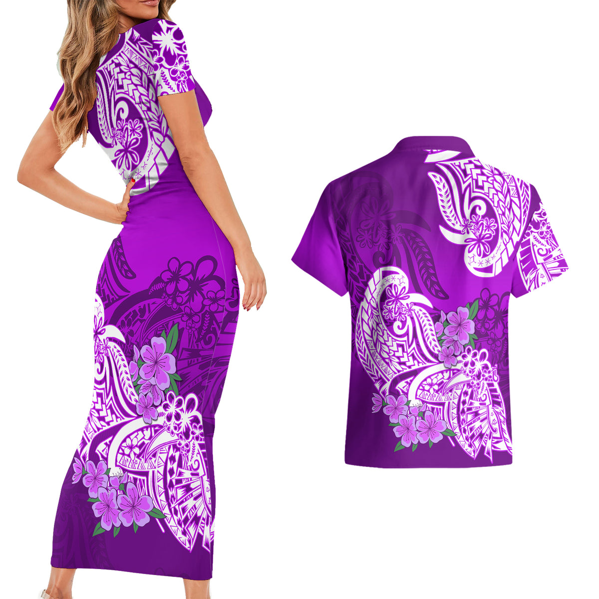Polynesian Couples Matching Short Sleeve Bodycon Dress and Hawaiian Shirt Pacific Flower Mix Floral Tribal Tattoo Purple Vibe LT9 - Wonder Print Shop