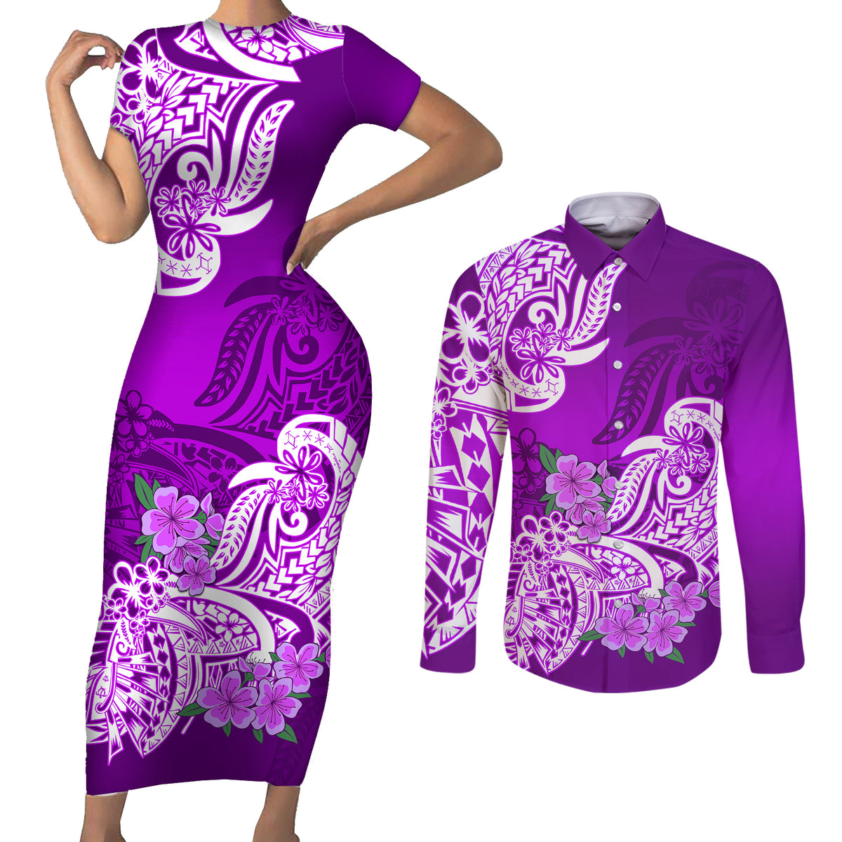 Polynesian Couples Matching Short Sleeve Bodycon Dress and Long Sleeve Button Shirts Pacific Flower Mix Floral Tribal Tattoo Purple Vibe LT9 - Wonder Print Shop