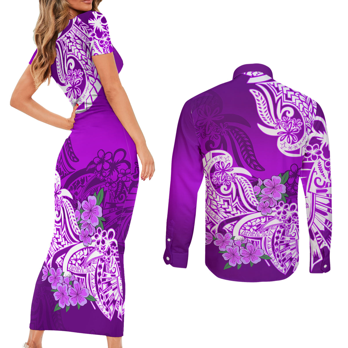 Polynesian Couples Matching Short Sleeve Bodycon Dress and Long Sleeve Button Shirts Pacific Flower Mix Floral Tribal Tattoo Purple Vibe LT9 - Wonder Print Shop