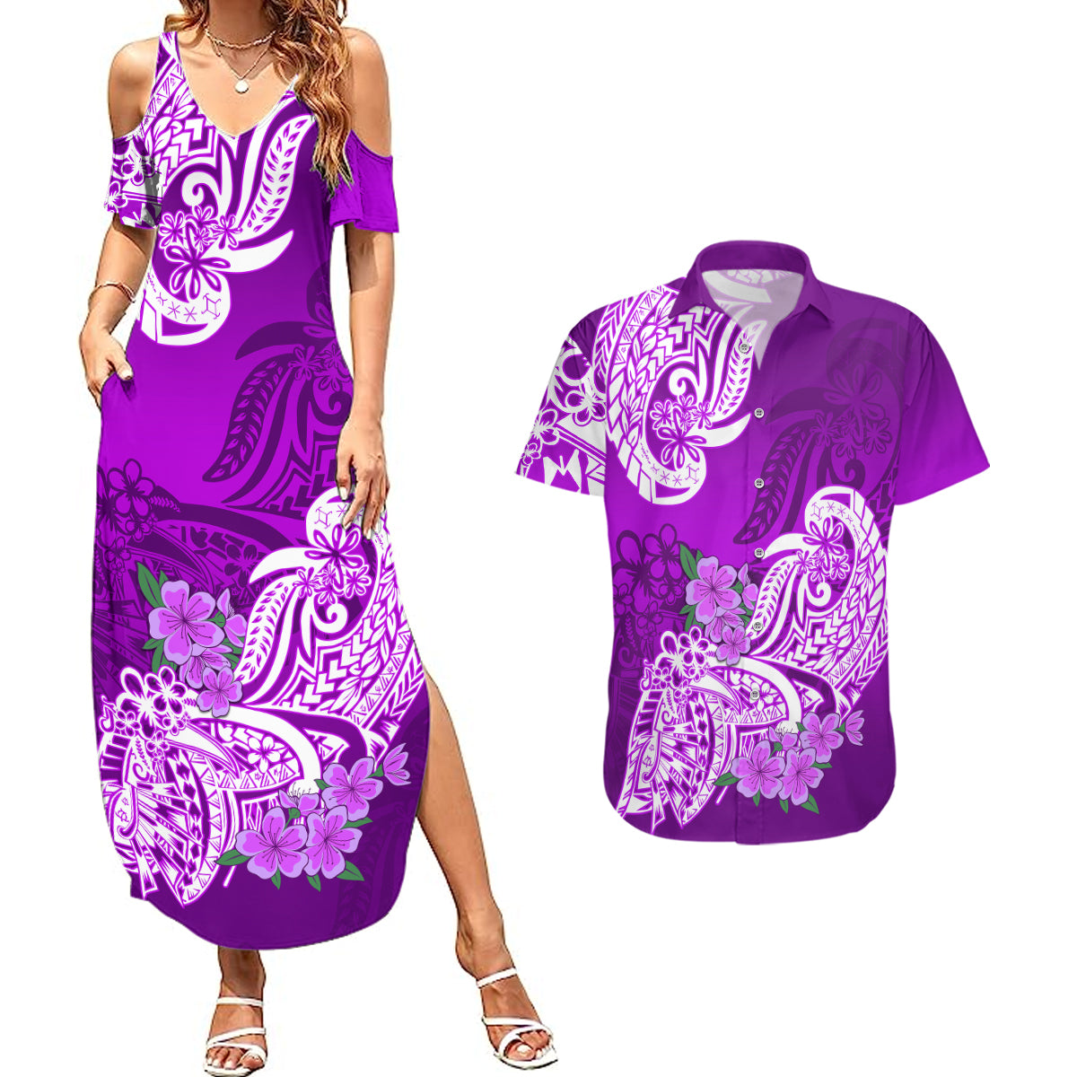 Polynesian Couples Matching Summer Maxi Dress and Hawaiian Shirt Pacific Flower Mix Floral Tribal Tattoo Purple Vibe LT9 - Wonder Print Shop