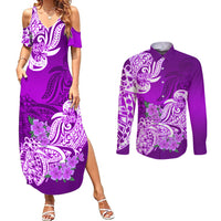 Polynesian Couples Matching Summer Maxi Dress and Long Sleeve Button Shirts Pacific Flower Mix Floral Tribal Tattoo Purple Vibe LT9 - Wonder Print Shop