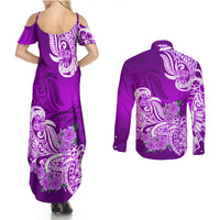 Polynesian Couples Matching Summer Maxi Dress and Long Sleeve Button Shirts Pacific Flower Mix Floral Tribal Tattoo Purple Vibe LT9 - Wonder Print Shop