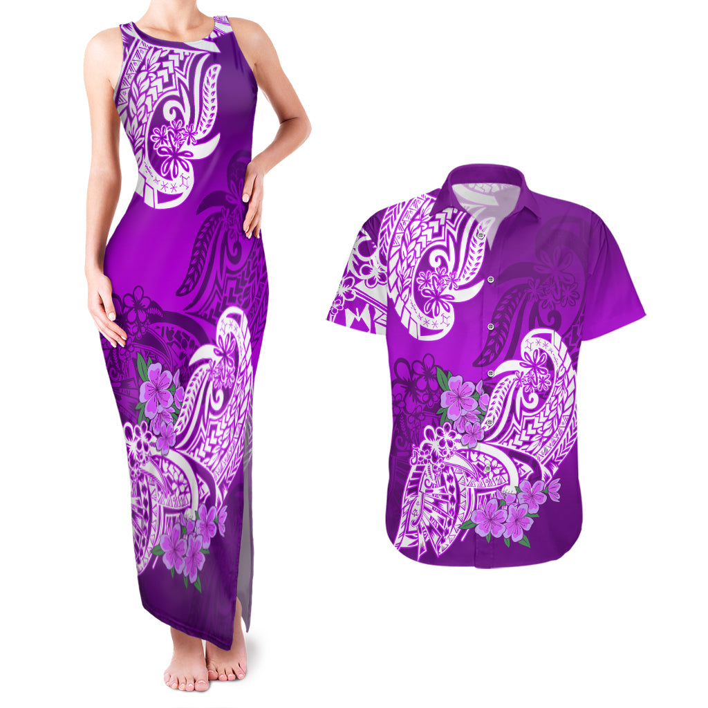 Polynesian Couples Matching Tank Maxi Dress And Hawaiian Shirt Pacific Flower Mix Floral Tribal Tattoo Purple Vibe LT9 - Wonder Print Shop