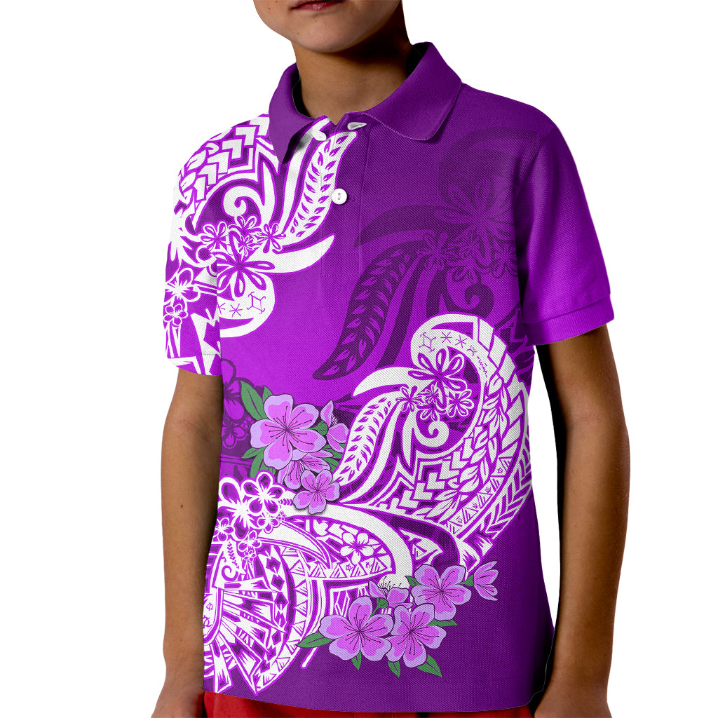 Polynesian Kid Polo Shirt Pacific Flower Mix Floral Tribal Tattoo Purple Vibe - Wonder Print Shop