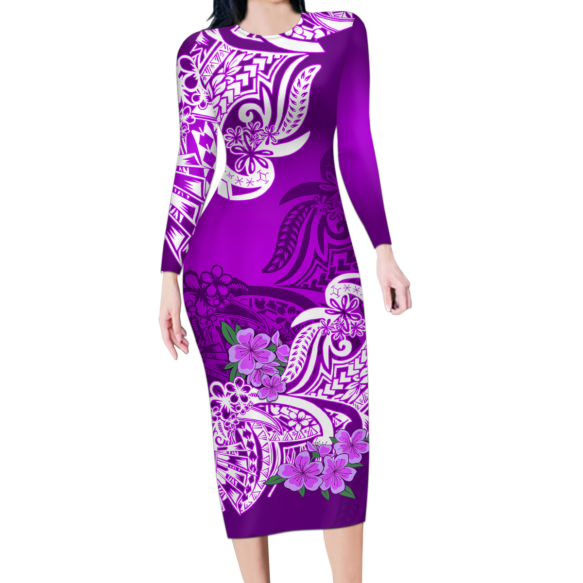 Polynesian Long Sleeve Bodycon Dress Pacific Flower Mix Floral Tribal Tattoo Purple Vibe - Wonder Print Shop