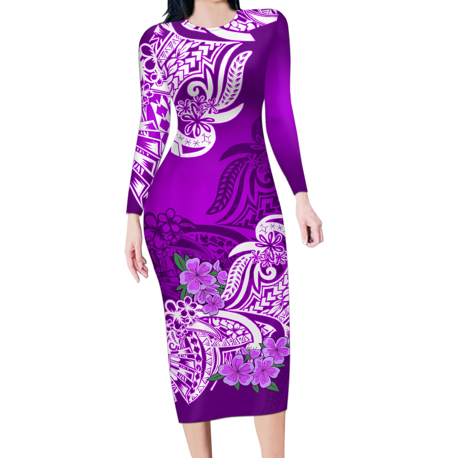 Polynesian Long Sleeve Bodycon Dress Pacific Flower Mix Floral Tribal Tattoo Purple Vibe - Wonder Print Shop