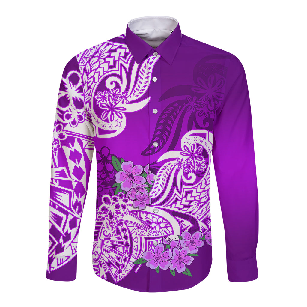 Polynesian Long Sleeve Button Shirt Pacific Flower Mix Floral Tribal Tattoo Purple Vibe - Wonder Print Shop