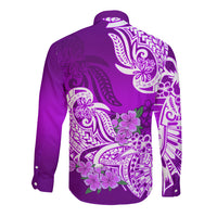 Polynesian Long Sleeve Button Shirt Pacific Flower Mix Floral Tribal Tattoo Purple Vibe - Wonder Print Shop