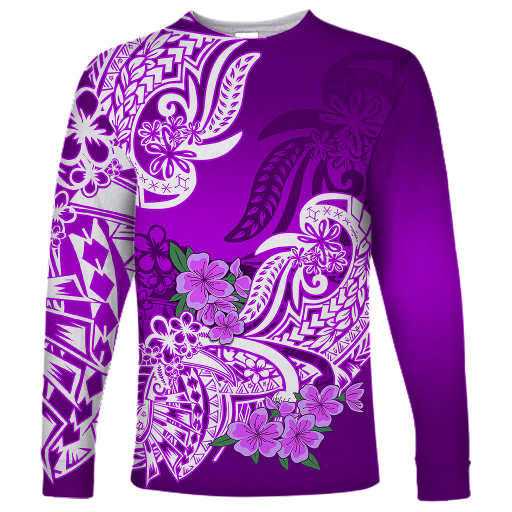 Polynesian Long Sleeve Shirt Pacific Flower Mix Floral Tribal Tattoo Purple Vibe - Wonder Print Shop
