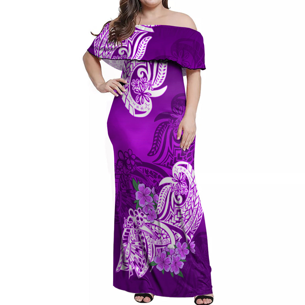 Polynesian Off Shoulder Maxi Dress Pacific Flower Mix Floral Tribal Tattoo Purple Vibe - Wonder Print Shop