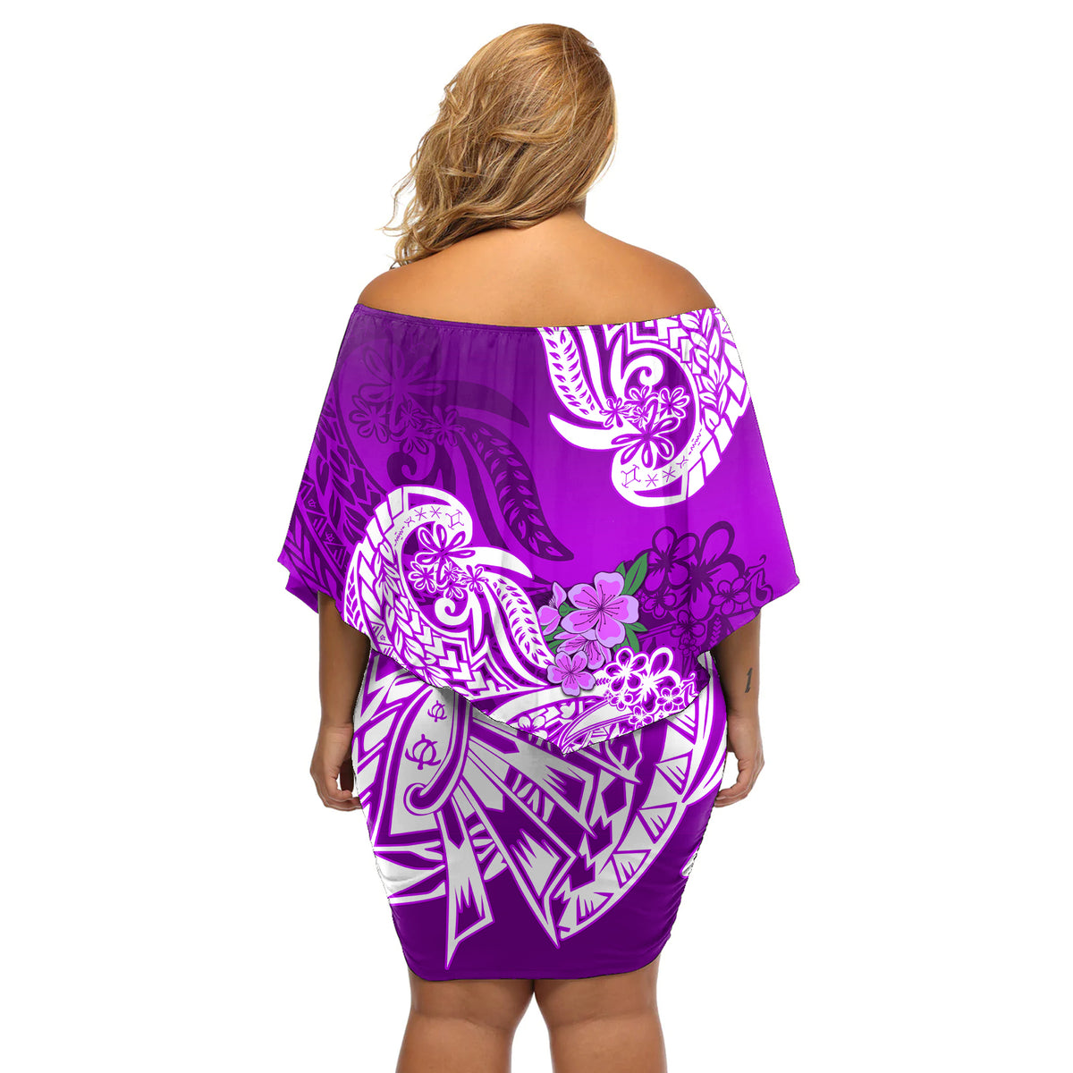 Polynesian Off Shoulder Short Dress Pacific Flower Mix Floral Tribal Tattoo Purple Vibe - Wonder Print Shop
