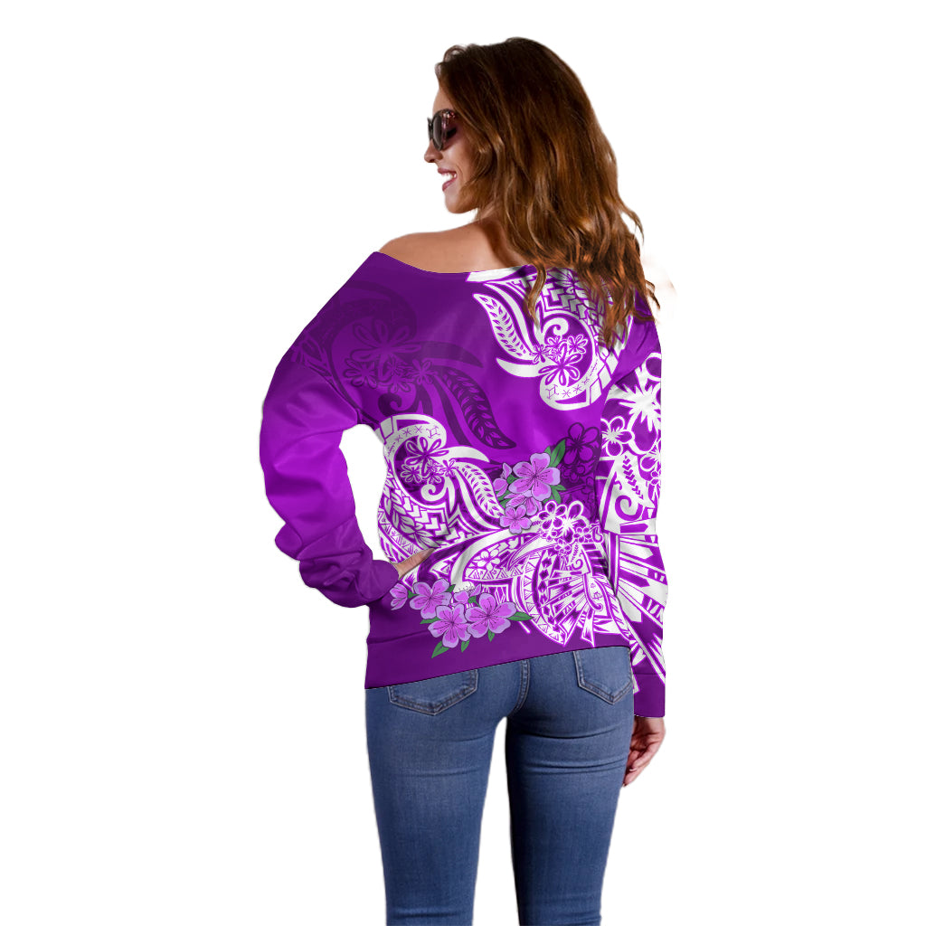 Polynesian Off Shoulder Sweater Pacific Flower Mix Floral Tribal Tattoo Purple Vibe - Wonder Print Shop