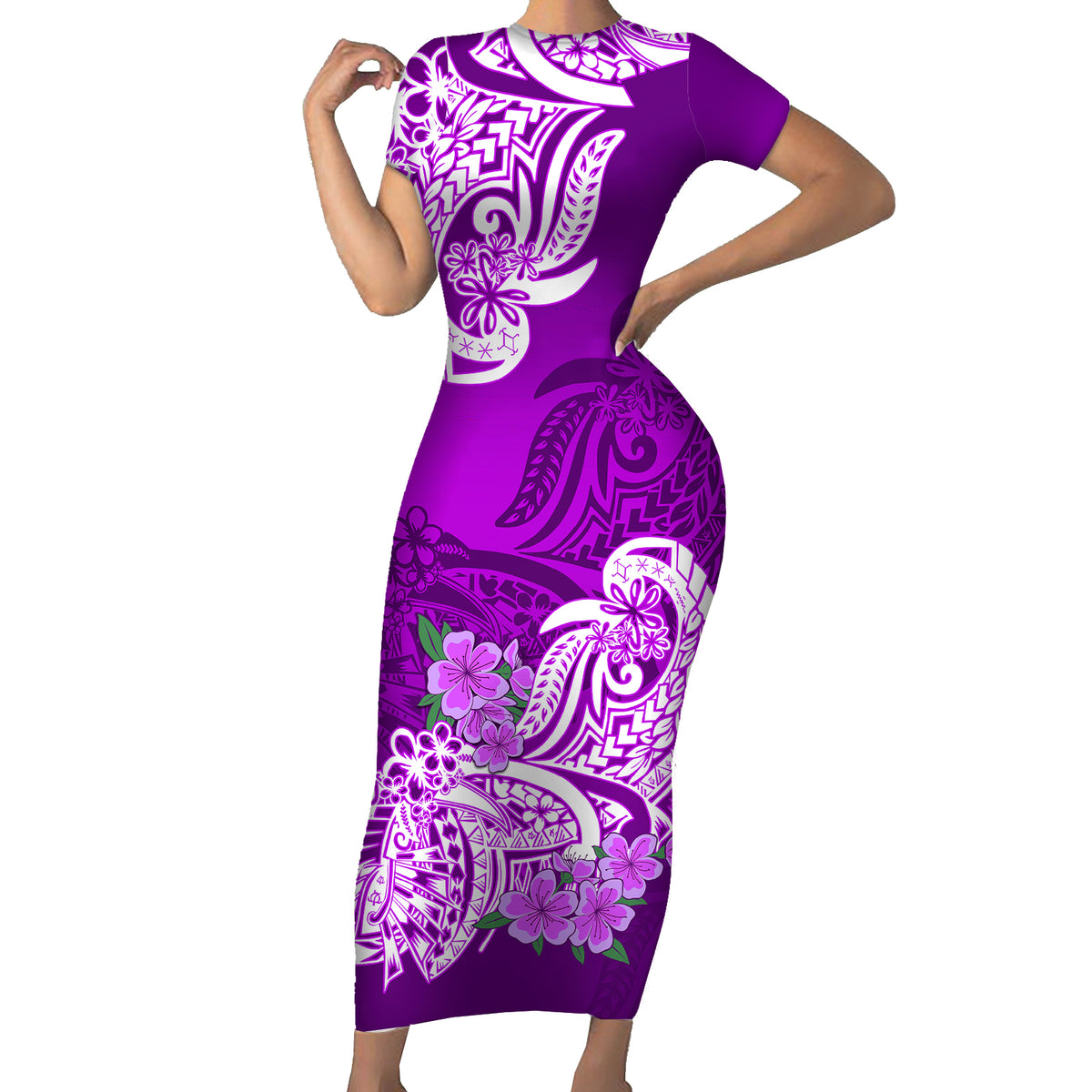 Polynesian Short Sleeve Bodycon Dress Pacific Flower Mix Floral Tribal Tattoo Purple Vibe - Wonder Print Shop