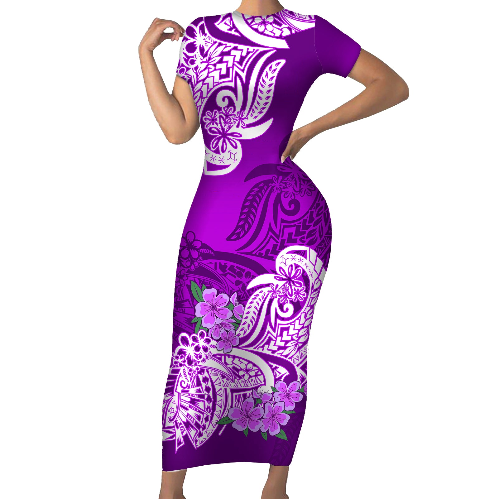 Polynesian Short Sleeve Bodycon Dress Pacific Flower Mix Floral Tribal Tattoo Purple Vibe - Wonder Print Shop