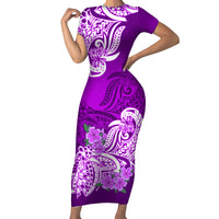 Polynesian Short Sleeve Bodycon Dress Pacific Flower Mix Floral Tribal Tattoo Purple Vibe - Wonder Print Shop