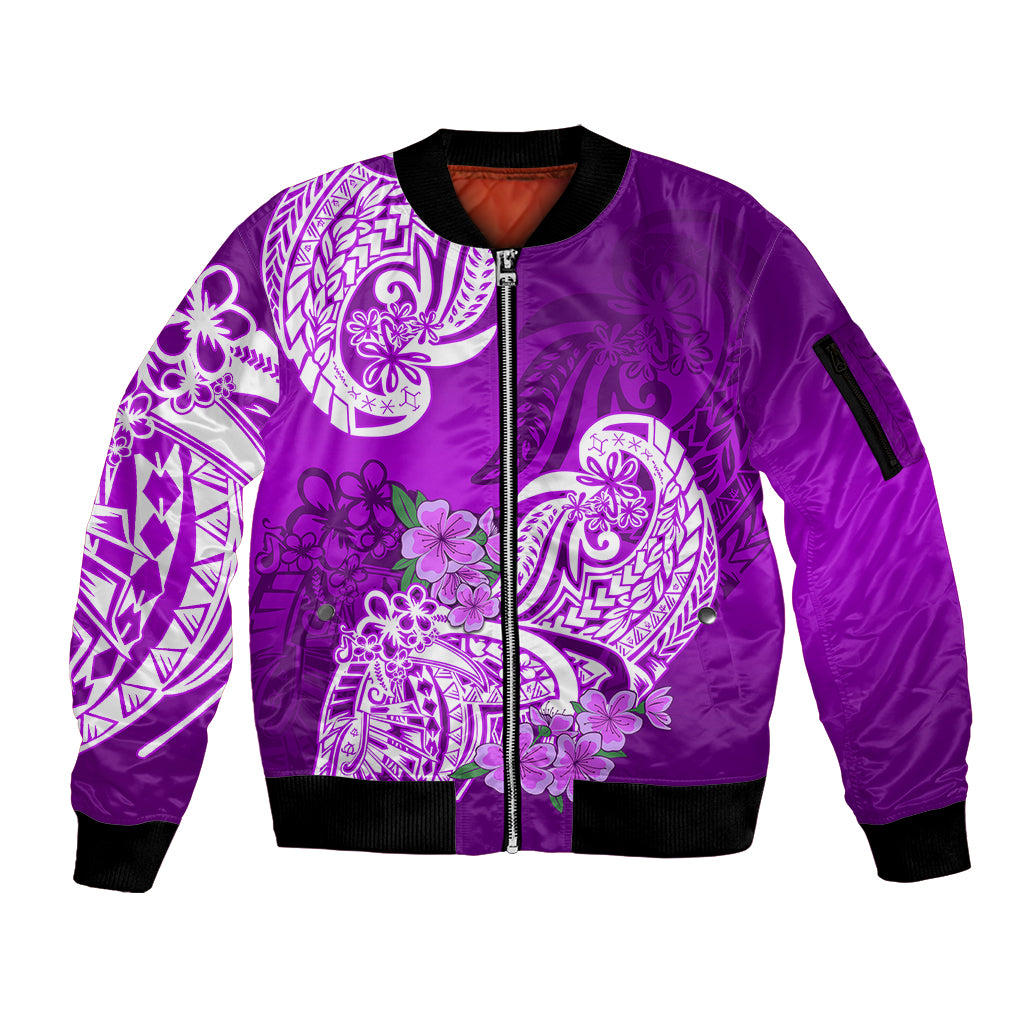 Polynesian Sleeve Zip Bomber Jacket Pacific Flower Mix Floral Tribal Tattoo Purple Vibe - Wonder Print Shop