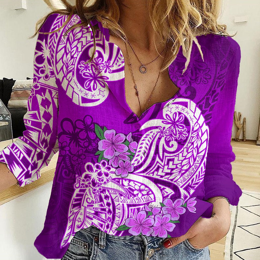 Polynesian Women Casual Shirt Pacific Flower Mix Floral Tribal Tattoo Purple Vibe - Wonder Print Shop