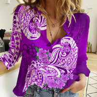 Polynesian Women Casual Shirt Pacific Flower Mix Floral Tribal Tattoo Purple Vibe - Wonder Print Shop