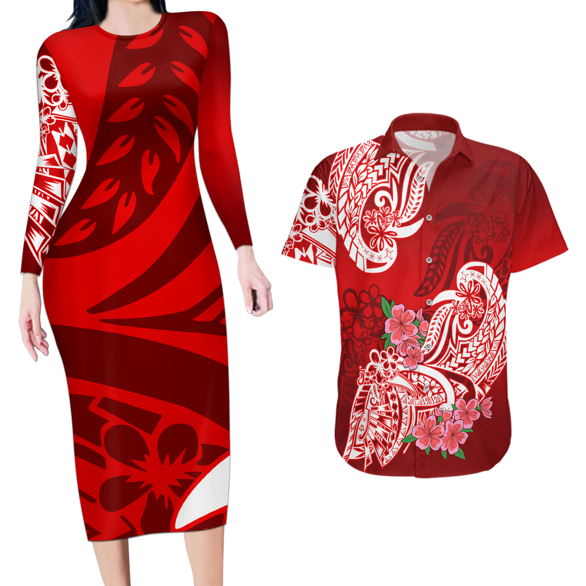 Polynesian Couples Matching Long Sleeve Bodycon Dress and Hawaiian Shirt Pacific Flower Mix Floral Tribal Tattoo Red Vibe LT9 - Wonder Print Shop