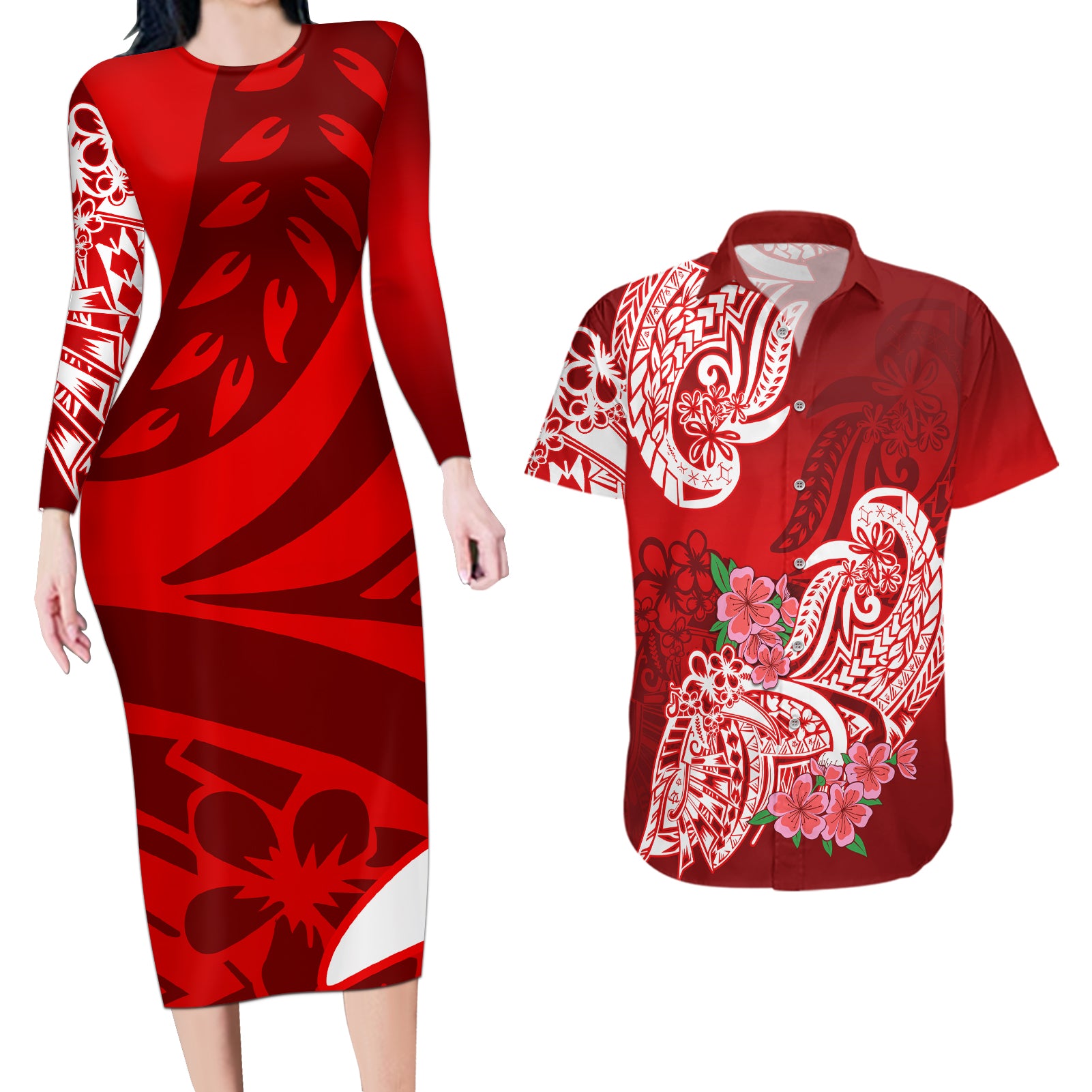 Polynesian Couples Matching Long Sleeve Bodycon Dress and Hawaiian Shirt Pacific Flower Mix Floral Tribal Tattoo Red Vibe LT9 - Wonder Print Shop