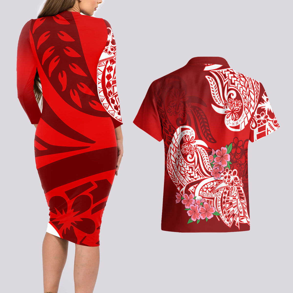 Polynesian Couples Matching Long Sleeve Bodycon Dress and Hawaiian Shirt Pacific Flower Mix Floral Tribal Tattoo Red Vibe LT9 - Wonder Print Shop