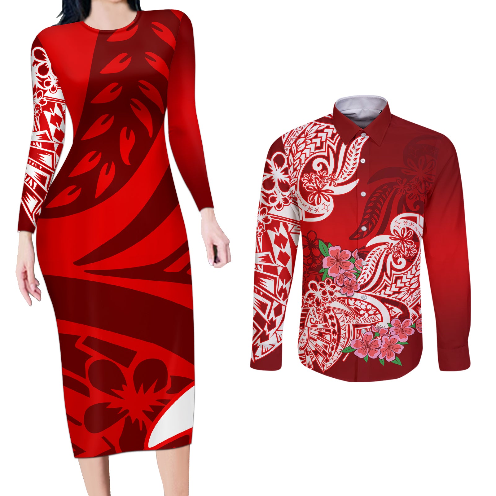 Polynesian Couples Matching Long Sleeve Bodycon Dress and Long Sleeve Button Shirts Pacific Flower Mix Floral Tribal Tattoo Red Vibe LT9 - Wonder Print Shop