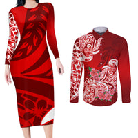 Polynesian Couples Matching Long Sleeve Bodycon Dress and Long Sleeve Button Shirts Pacific Flower Mix Floral Tribal Tattoo Red Vibe LT9 - Wonder Print Shop