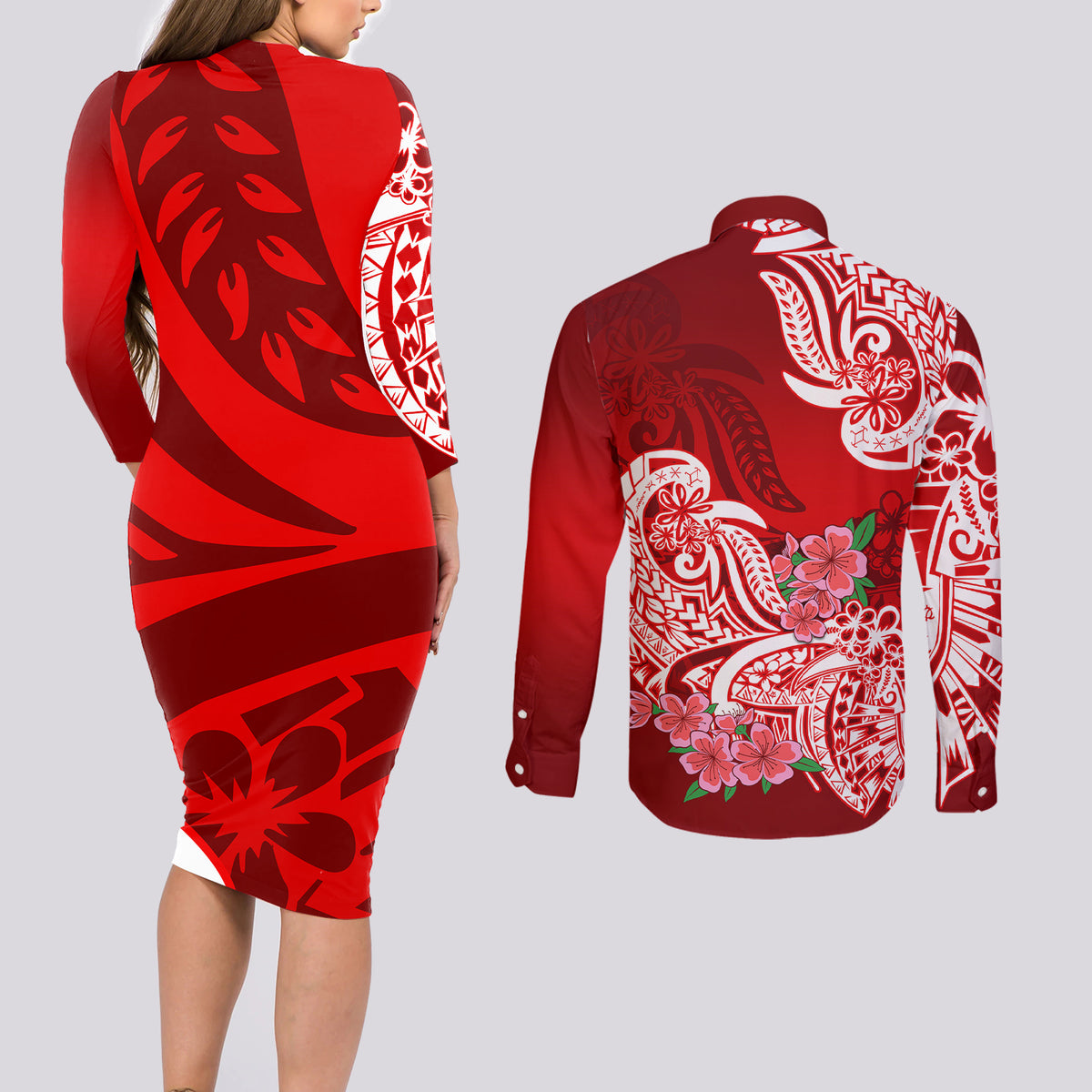 Polynesian Couples Matching Long Sleeve Bodycon Dress and Long Sleeve Button Shirts Pacific Flower Mix Floral Tribal Tattoo Red Vibe LT9 - Wonder Print Shop