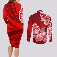 Polynesian Couples Matching Long Sleeve Bodycon Dress and Long Sleeve Button Shirts Pacific Flower Mix Floral Tribal Tattoo Red Vibe LT9 - Wonder Print Shop