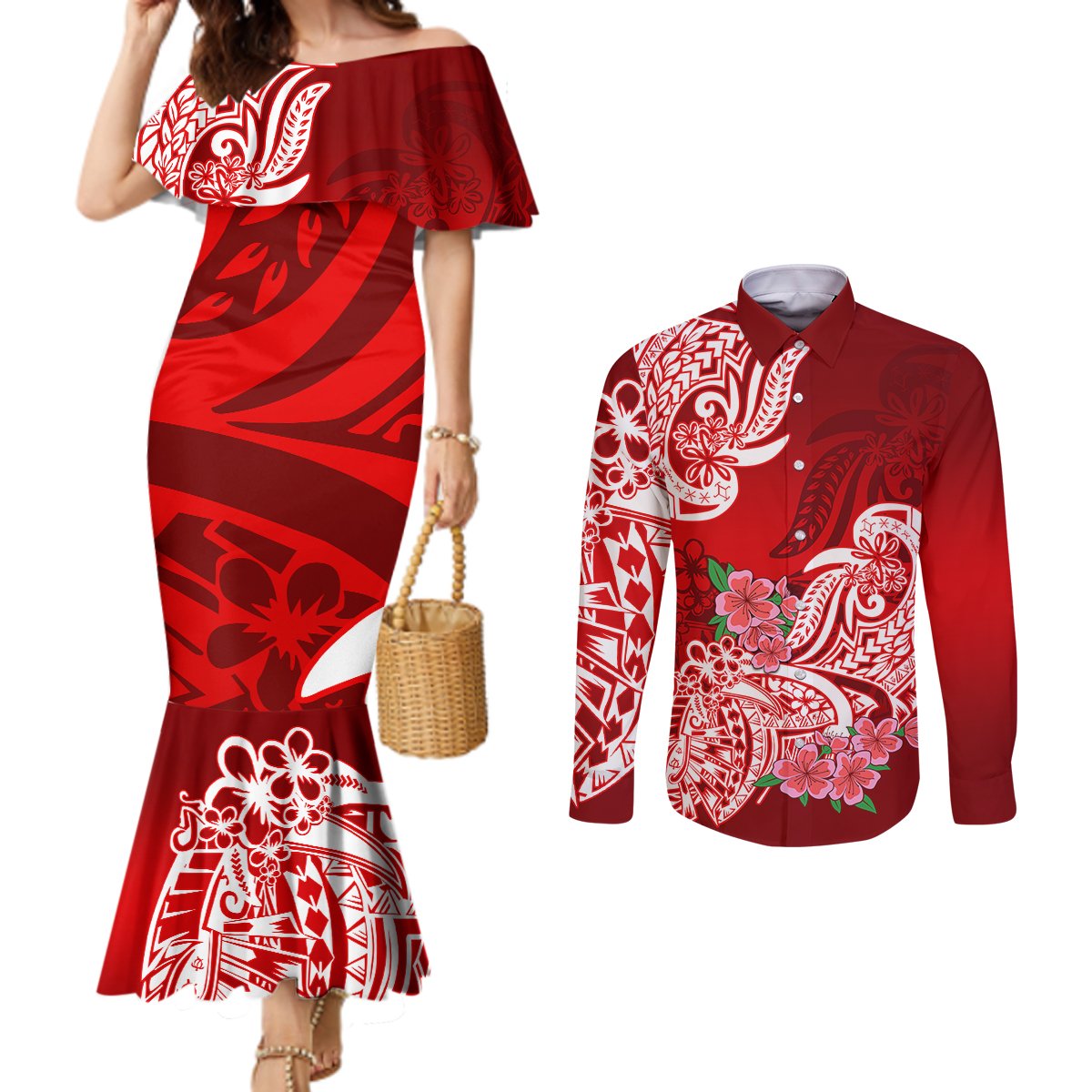 polynesian-couples-matching-mermaid-dress-and-long-sleeve-button-shirts-pacific-flower-mix-floral-tribal-tattoo-red-vibe