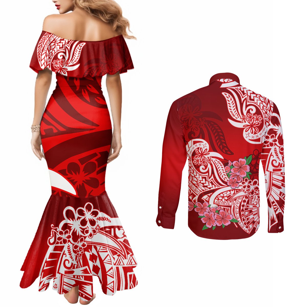 polynesian-couples-matching-mermaid-dress-and-long-sleeve-button-shirts-pacific-flower-mix-floral-tribal-tattoo-red-vibe