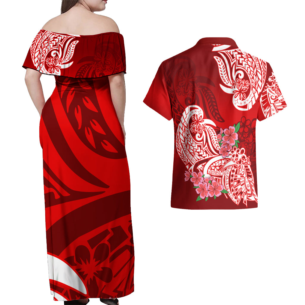 Polynesian Couples Matching Off Shoulder Maxi Dress and Hawaiian Shirt Pacific Flower Mix Floral Tribal Tattoo Red Vibe LT9 - Wonder Print Shop