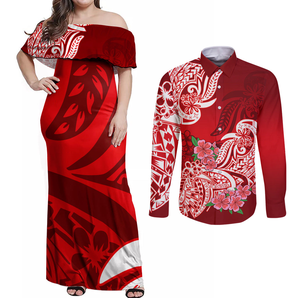 Polynesian Couples Matching Off Shoulder Maxi Dress and Long Sleeve Button Shirts Pacific Flower Mix Floral Tribal Tattoo Red Vibe LT9 - Wonder Print Shop