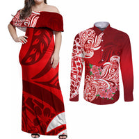 Polynesian Couples Matching Off Shoulder Maxi Dress and Long Sleeve Button Shirts Pacific Flower Mix Floral Tribal Tattoo Red Vibe LT9 - Wonder Print Shop