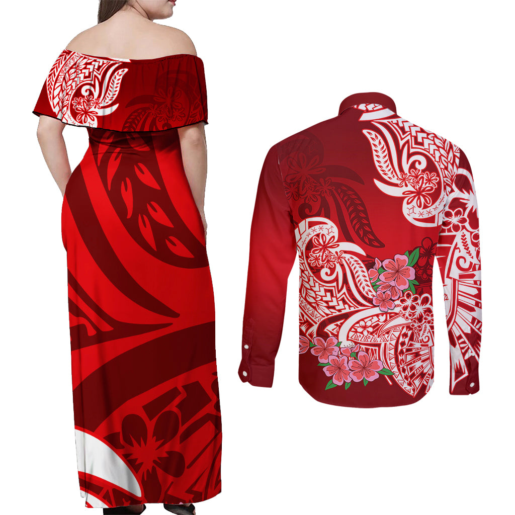 Polynesian Couples Matching Off Shoulder Maxi Dress and Long Sleeve Button Shirts Pacific Flower Mix Floral Tribal Tattoo Red Vibe LT9 - Wonder Print Shop