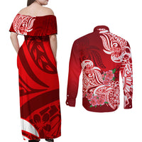Polynesian Couples Matching Off Shoulder Maxi Dress and Long Sleeve Button Shirts Pacific Flower Mix Floral Tribal Tattoo Red Vibe LT9 - Wonder Print Shop