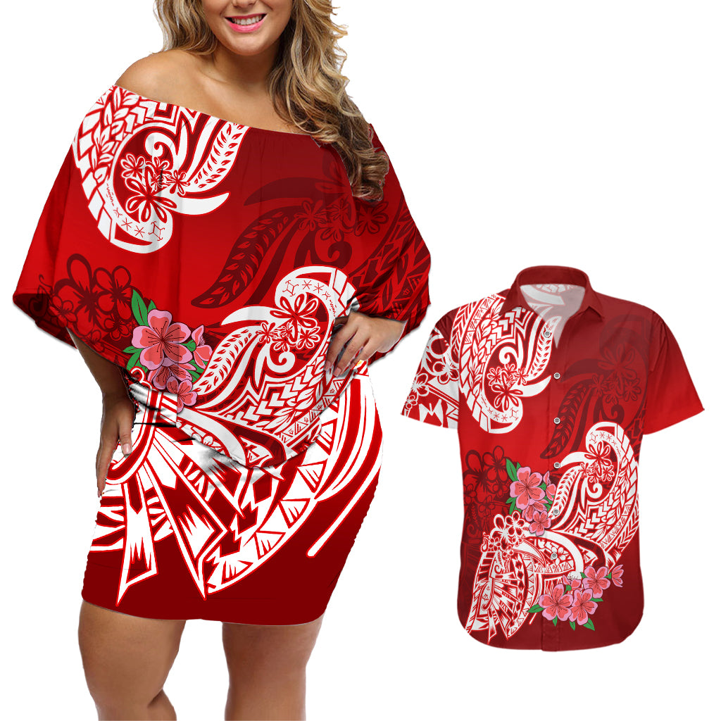 Polynesian Couples Matching Off Shoulder Short Dress and Hawaiian Shirt Pacific Flower Mix Floral Tribal Tattoo Red Vibe LT9 - Wonder Print Shop