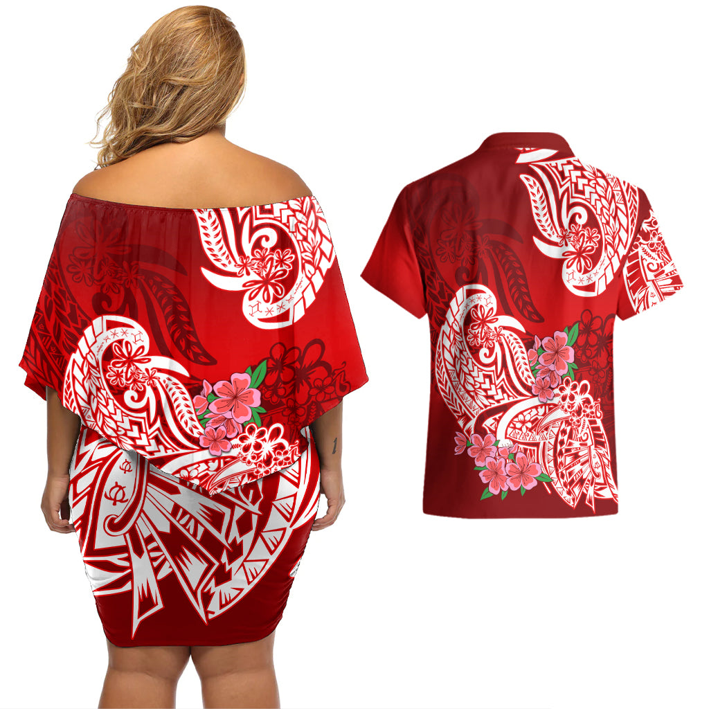 Polynesian Couples Matching Off Shoulder Short Dress and Hawaiian Shirt Pacific Flower Mix Floral Tribal Tattoo Red Vibe LT9 - Wonder Print Shop